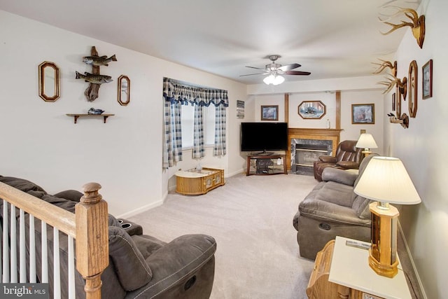 11911 Smoketree Blvd, Fredericksburg, VA 22407 - living room featuring baseboards, carpet flooring, a high end fireplace, and ceiling fan