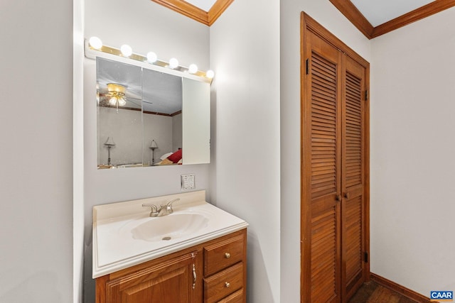1615 Pleasant View Rd, Mount Jackson, VA 22842 - bathroom with vanity, ornamental molding, a closet, and wood finished floors