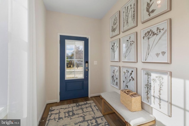doorway to outside featuring baseboards and wood finished floors