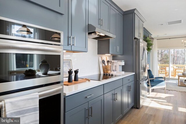 10501 Afton Grove Ct, Fredericksburg, VA 22408 - kitchen with under cabinet range hood, stainless steel appliances, light wood finished floors, backsplash, and light countertops