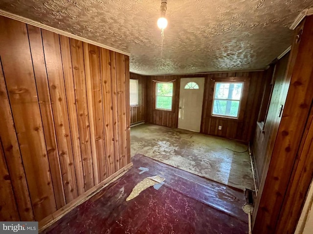 120 Charles St, Gordonsville, VA 22942 - foyer entrance featuring wooden walls, a textured ceiling, and ornamental molding