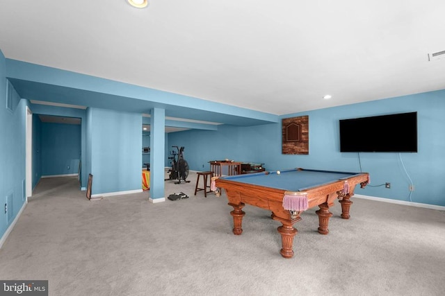 rec room with baseboards, billiards, and carpet