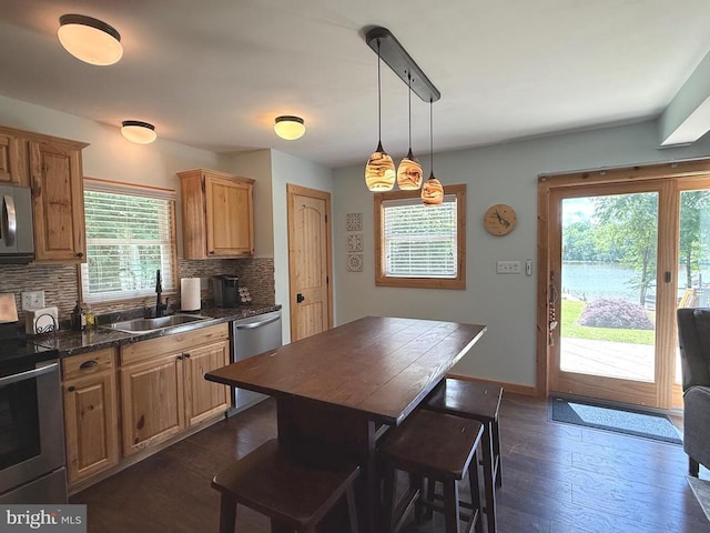 198 Miltons Ln, Louisa, VA 23093 - kitchen featuring stainless steel appliances, a sink, backsplash, dark countertops, and dark wood-style floors