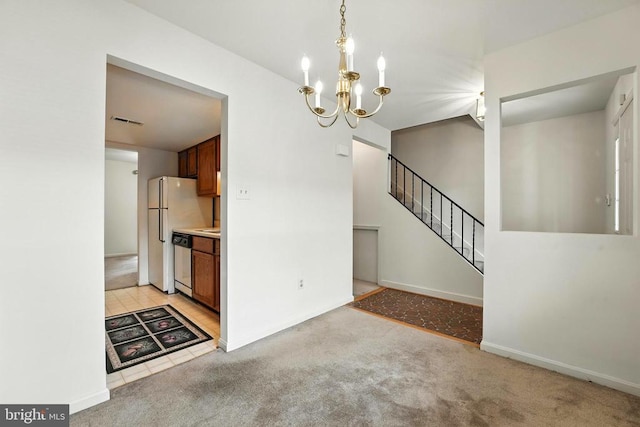 7637 Wankoma Dr, Remington, VA 22734 - unfurnished dining area with light colored carpet, a chandelier, and stairway