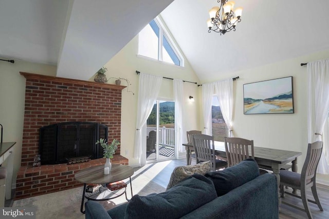 32 Old Hollow Rd, Sperryville, VA 22740 - living room featuring an inviting chandelier, a fireplace, and high vaulted ceiling