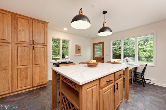  - kitchen with baseboard heating, open shelves, pendant lighting, a center island, and light stone counters