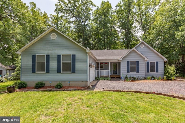 103 Patrick Henry Ct, Locust Grove, VA 22508 - ranch-style house with an attached garage, a front lawn, gravel driveway, and covered porch