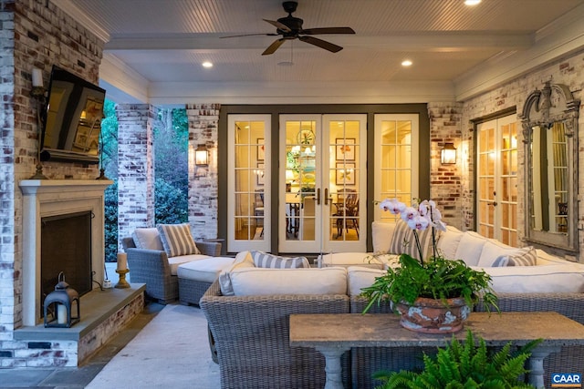 325 Farmington Dr, Charlottesville, VA 22901 - view of patio with french doors, ceiling fan, and an outdoor living space with a fireplace