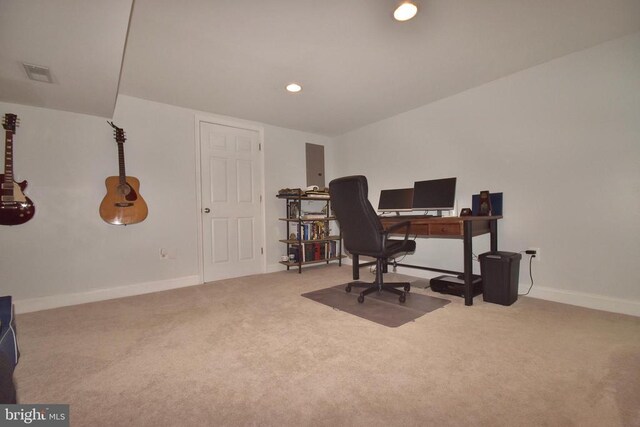  - carpeted office featuring baseboards and recessed lighting