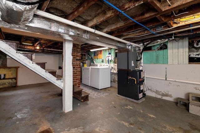 238 Charlotte Ave N, Waynesboro, VA 22980 - unfinished below grade area featuring separate washer and dryer, heating unit, and stairway