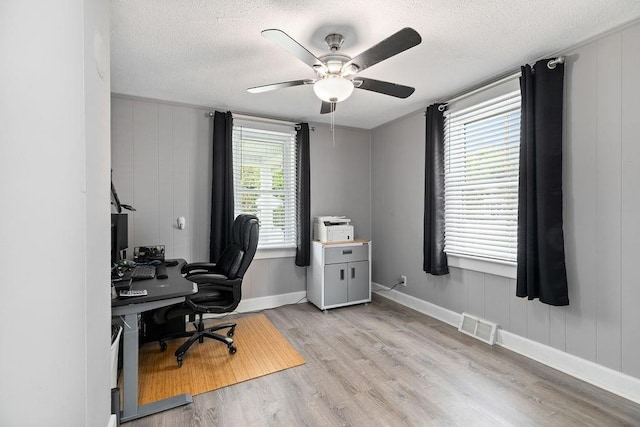 238 Charlotte Ave N, Waynesboro, VA 22980 - home office with light wood-type flooring, a textured ceiling, ceiling fan, a decorative wall, and baseboards