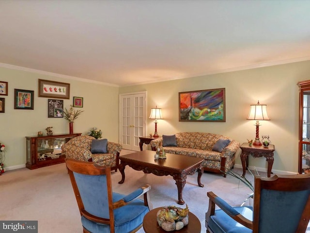  - living area with light carpet, crown molding, and french doors