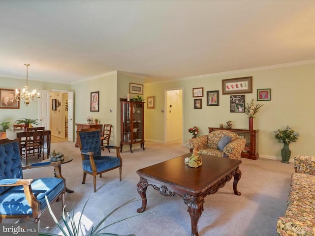  - living area featuring light colored carpet, a chandelier, and crown molding