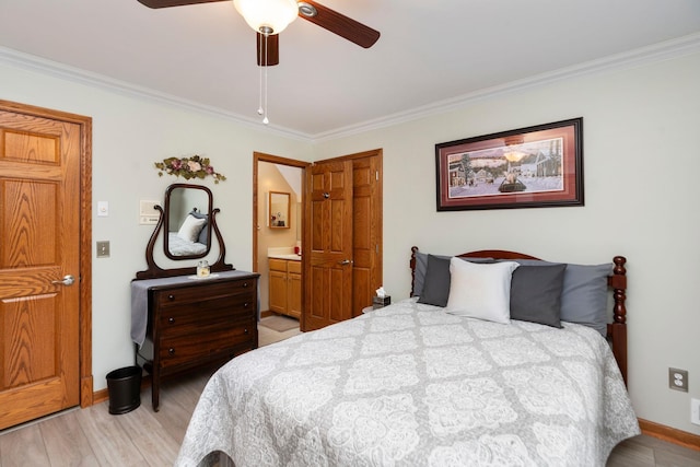 27 Black Walnut Ln, Nellysford, VA 22958 - bedroom featuring ornamental molding, light wood-type flooring, baseboards, ensuite bath, and a ceiling fan
