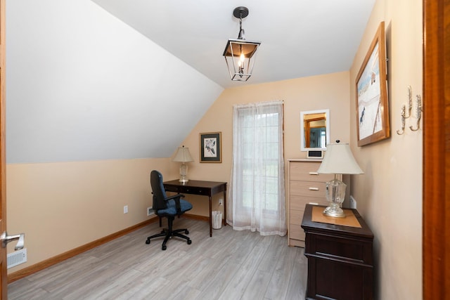 27 Black Walnut Ln, Nellysford, VA 22958 - office area featuring light wood finished floors, baseboards, and vaulted ceiling