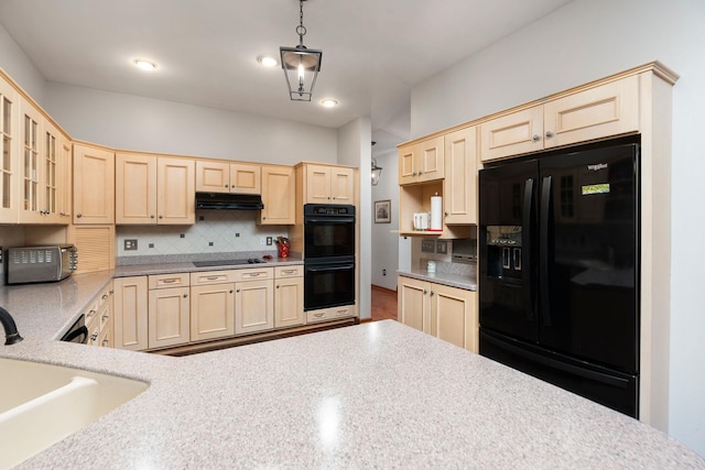 27 Black Walnut Ln, Nellysford, VA 22958 - kitchen featuring black appliances, light brown cabinetry, under cabinet range hood, a sink, and tasteful backsplash