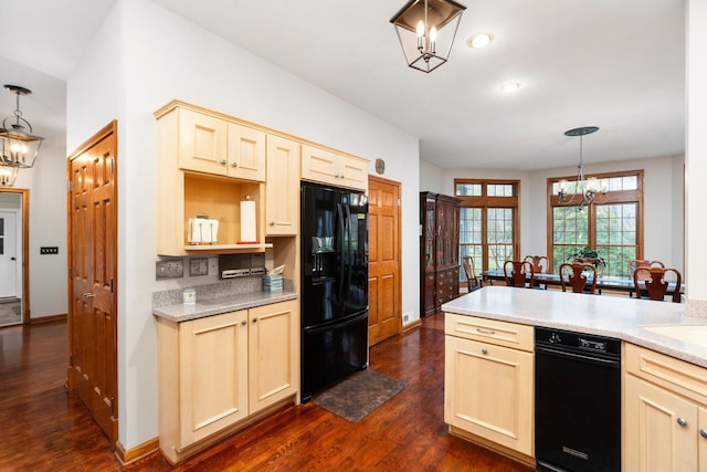 27 Black Walnut Ln, Nellysford, VA 22958 - kitchen featuring black refrigerator with ice dispenser, a chandelier, dark wood-style floors, and light countertops