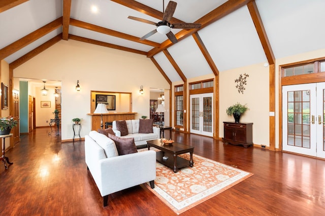 27 Black Walnut Ln, Nellysford, VA 22958 - living area with beamed ceiling, high vaulted ceiling, a ceiling fan, baseboards, and french doors
