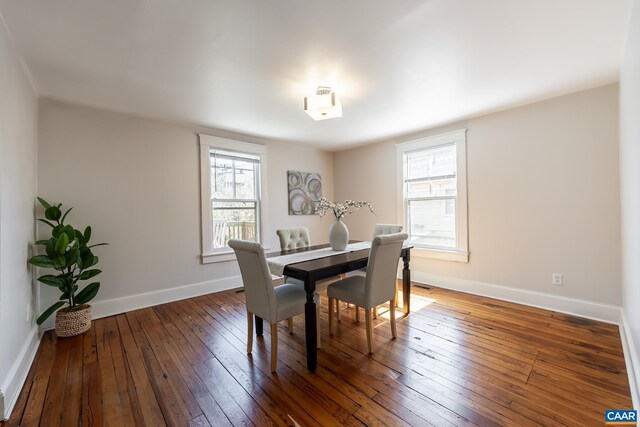 dining space featuring a wealth of natural light, baseboards, and wood-type flooring