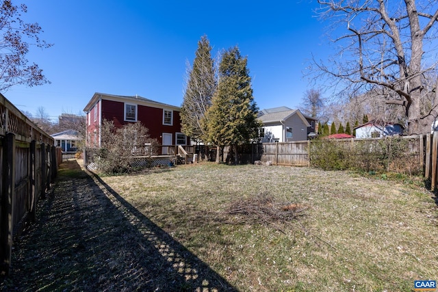view of yard featuring a fenced backyard and a wooden deck