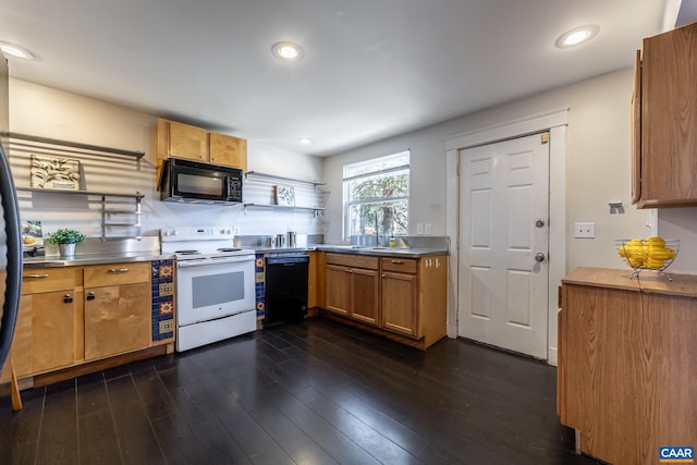 kitchen with open shelves, brown cabinetry, stainless steel counters, black appliances, and dark wood-style floors