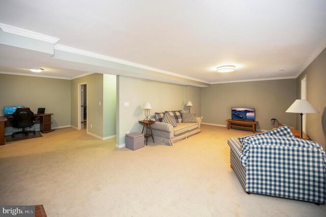 9920 Post Oak Rd, Spotsylvania, VA 22551 - carpeted living room with a desk, crown molding, and baseboards