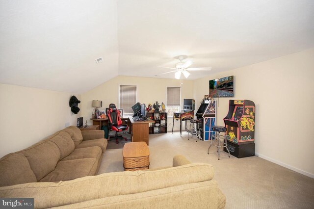 9920 Post Oak Rd, Spotsylvania, VA 22551 - living room with a ceiling fan, carpet, lofted ceiling, and baseboards