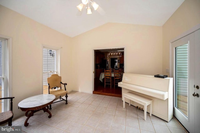 9920 Post Oak Rd, Spotsylvania, VA 22551 - sitting room with vaulted ceiling, light tile patterned floors, plenty of natural light, baseboards, and a ceiling fan