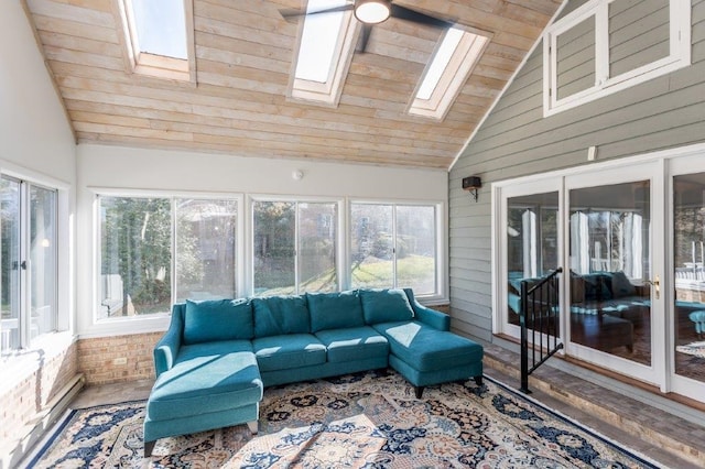 sunroom / solarium with lofted ceiling with skylight, plenty of natural light, and wood ceiling