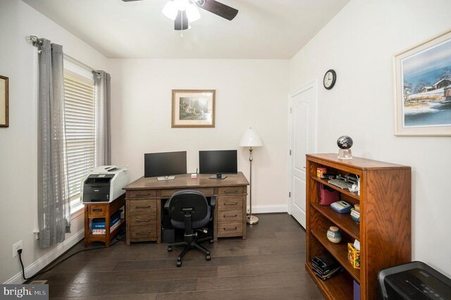 9822 White Oak Swamp Ct, Fredericksburg, VA 22407 - office with ceiling fan, dark wood finished floors, plenty of natural light, and baseboards