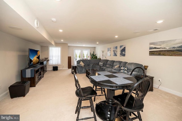 9822 White Oak Swamp Ct, Fredericksburg, VA 22407 - dining space with light carpet, baseboards, and recessed lighting