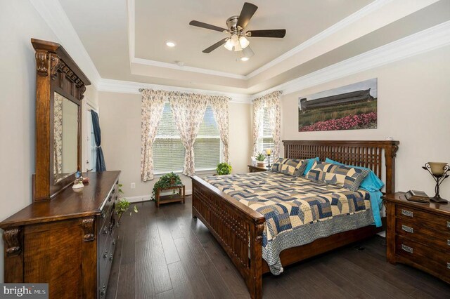 9822 White Oak Swamp Ct, Fredericksburg, VA 22407 - bedroom with dark wood-type flooring, a tray ceiling, ornamental molding, baseboards, and recessed lighting