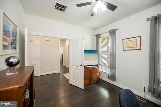 9822 White Oak Swamp Ct, Fredericksburg, VA 22407 - bedroom featuring dark wood-style floors, baseboards, a desk, and ceiling fan
