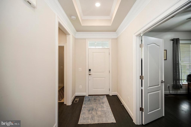 9822 White Oak Swamp Ct, Fredericksburg, VA 22407 - entrance foyer featuring dark wood-style flooring, a raised ceiling, baseboards, and ornamental molding