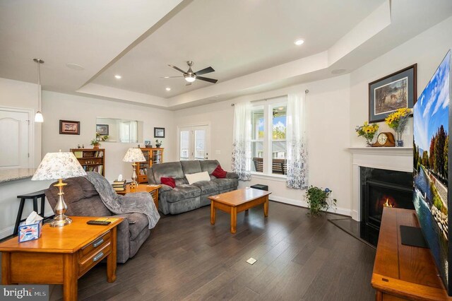 9822 White Oak Swamp Ct, Fredericksburg, VA 22407 - living room featuring a tray ceiling, a ceiling fan, a fireplace, wood finished floors, and recessed lighting