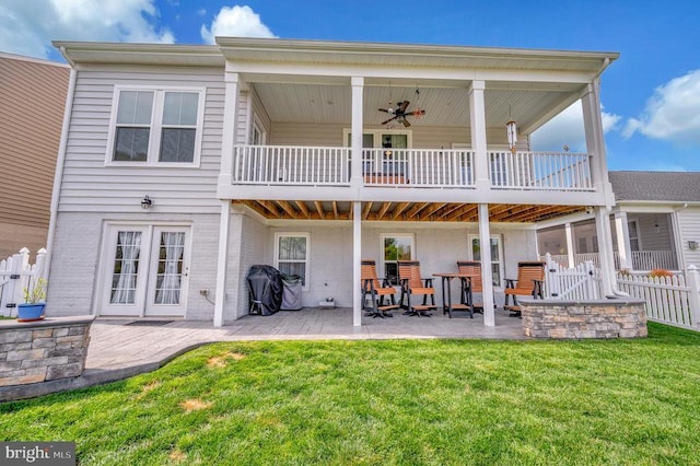 9822 White Oak Swamp Ct, Fredericksburg, VA 22407 - back of house with a patio area, a balcony, brick siding, and a ceiling fan