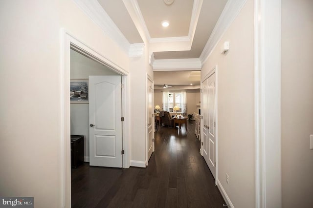 9822 White Oak Swamp Ct, Fredericksburg, VA 22407 - hall featuring dark wood finished floors, crown molding, baseboards, and recessed lighting