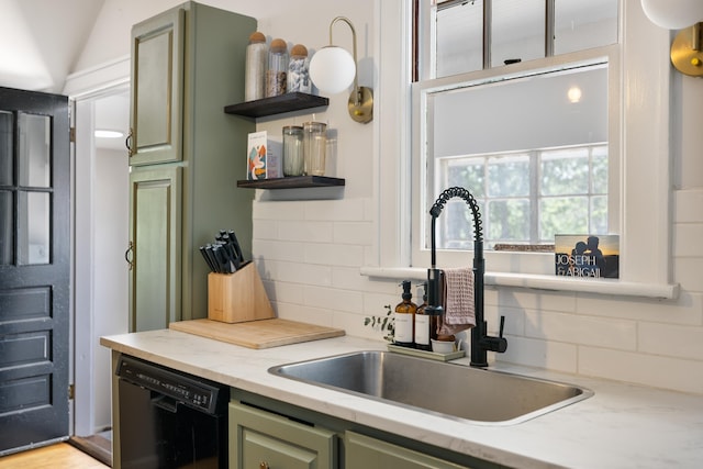 93 Eidson Creek Rd, Staunton, VA 24401 - kitchen featuring green cabinetry, dishwasher, a sink, open shelves, and decorative backsplash