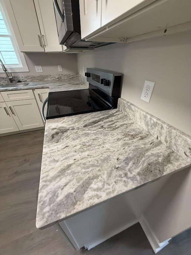 1526 2nd St, Waynesboro, VA 22980 - kitchen featuring stainless steel electric range oven, white cabinetry, dark wood-style flooring, and light countertops