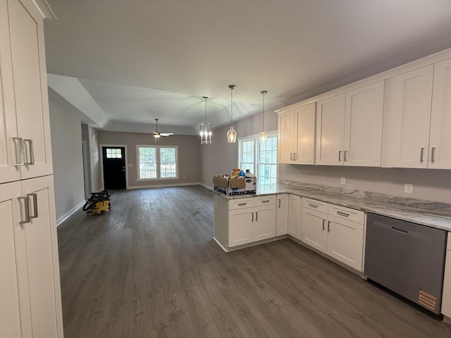 1526 2nd St, Waynesboro, VA 22980 - kitchen with stainless steel dishwasher, dark wood-style flooring, a peninsula, and white cabinets
