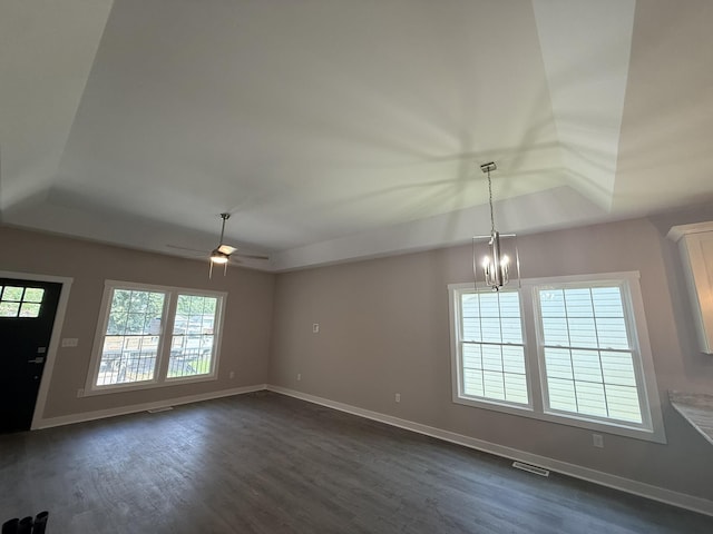 1526 2nd St, Waynesboro, VA 22980 - spare room featuring dark wood-type flooring, a chandelier, a raised ceiling, and a ceiling fan