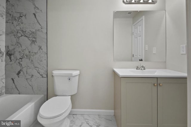 bathroom with marble finish floors, baseboards, toilet, and vanity