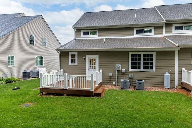 117 Villa View Dr, Staunton, VA 24401 - back of property with a wooden deck, a lawn, and central AC