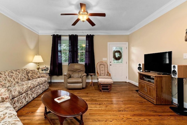 117 Villa View Dr, Staunton, VA 24401 - living room with a ceiling fan, crown molding, wood finished floors, and baseboards