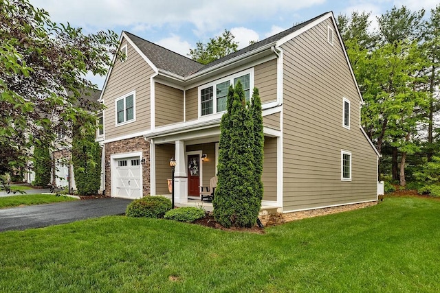 117 Villa View Dr, Staunton, VA 24401 - view of front facade featuring a garage, covered porch, a front yard, asphalt driveway, and stone siding
