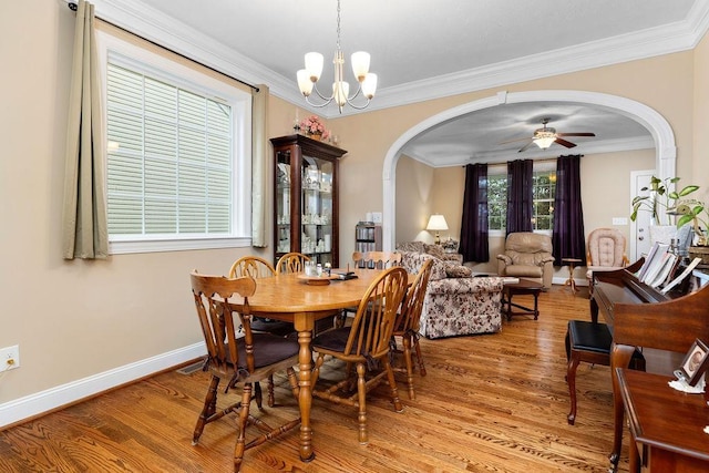 117 Villa View Dr, Staunton, VA 24401 - dining space with arched walkways, ornamental molding, baseboards, light wood-style flooring, and a ceiling fan