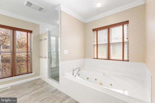 108 Monroe St, Locust Grove, VA 22508 - bathroom featuring a stall shower, plenty of natural light, ornamental molding, and a tub with jets