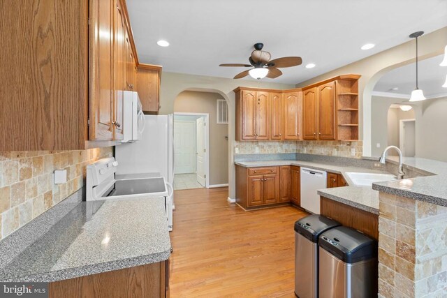 108 Monroe St, Locust Grove, VA 22508 - kitchen with white appliances, arched walkways, a ceiling fan, open shelves, and recessed lighting