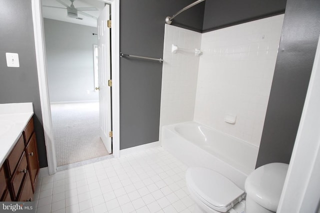  - bathroom featuring vanity, tile patterned floors, shower / tub combination, and a ceiling fan