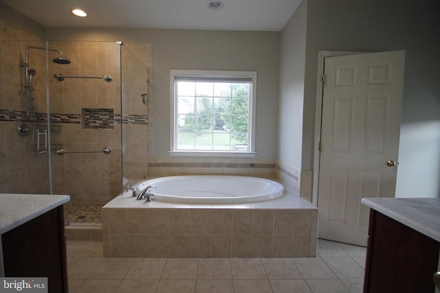  - full bath featuring vanity, a bath, tile patterned flooring, a shower stall, and recessed lighting
